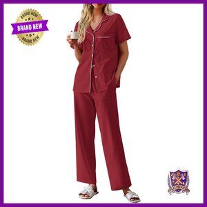 Women's Cotton Pajama Set Short Sleeve Button Down Top Long Pants